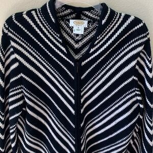 Talbots Cardigan Sweater 100% Wool Black White Striped‎ size Medium